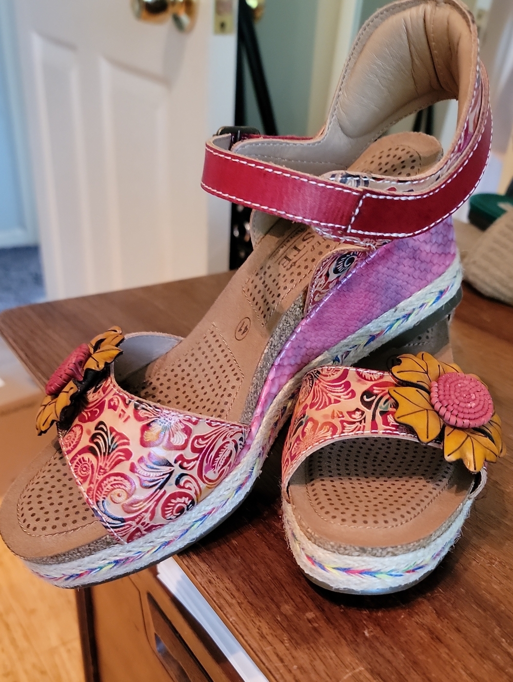 Spring Step Lartiste Women's Pink Floral Wedge Sandals with Yellow Flower Accent